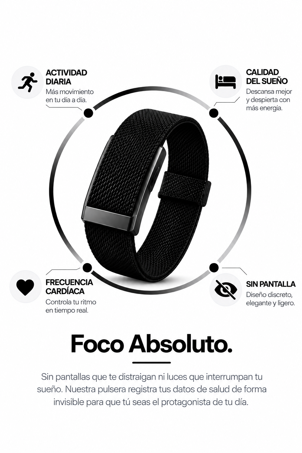 Pulsera ZKNO sin pantalla: actividad diaria, calidad del sueño, frecuencia cardíaca y sin pantalla. Foco Absoluto.